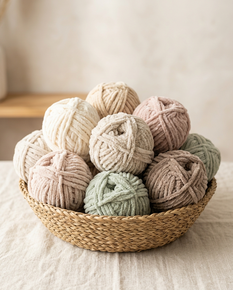 Soft chenille yarn in neutral cream and sage tones